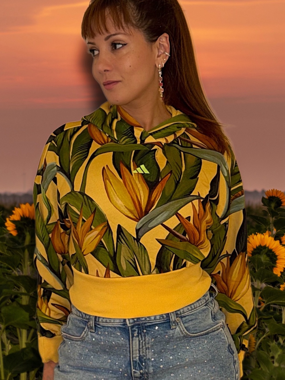 FARM Rio Yellow Tropical Leaf Print Cropped Hoodie
